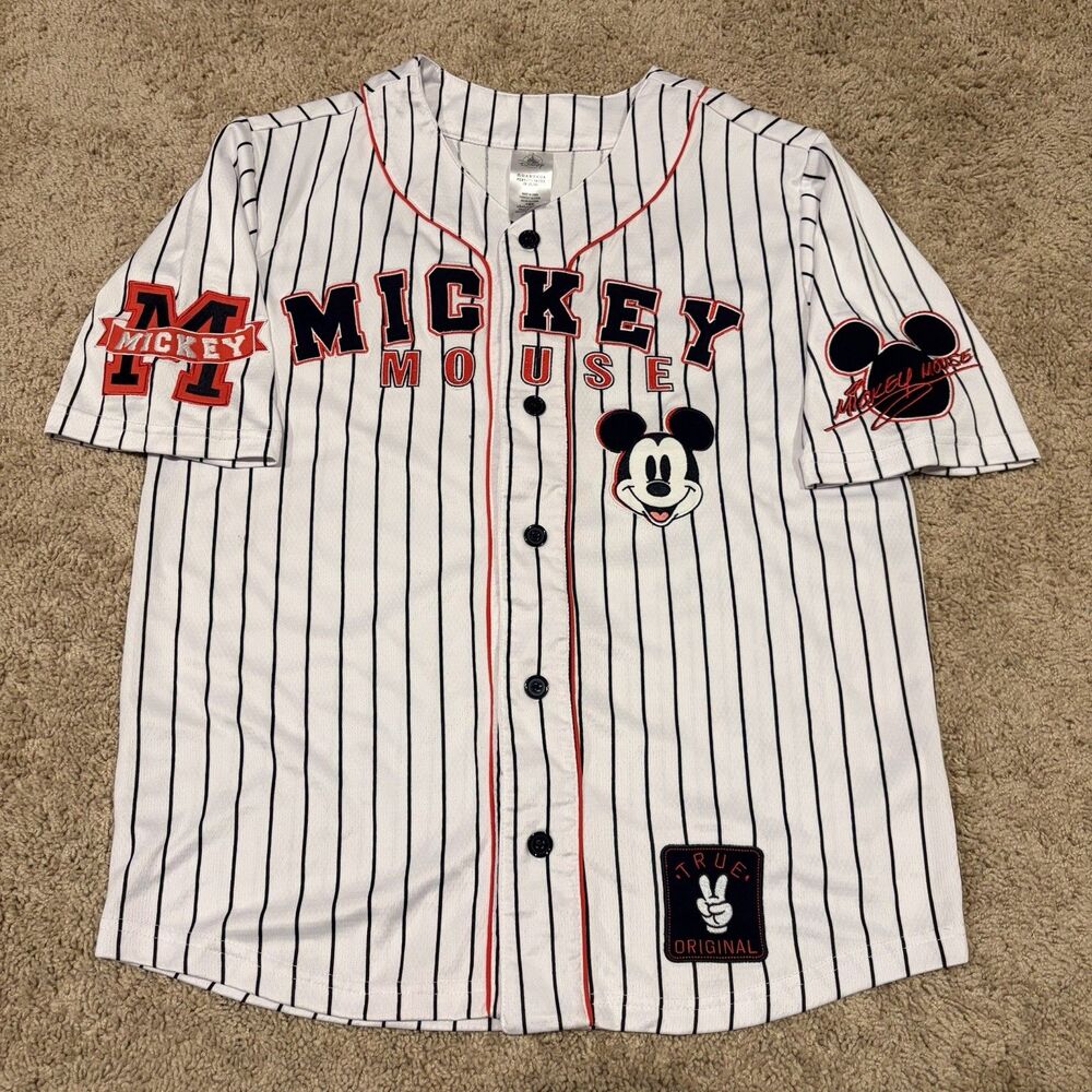 Disney Mickey Mouse Pinstripe Button-Front Baseball Jersey White Mens Sz Medium